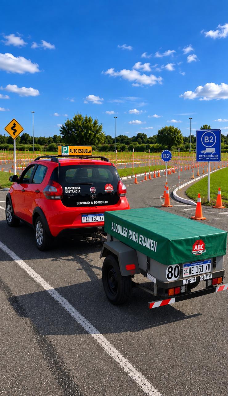 Fiat Mobi rojo de ABC Conducción con trailer verde en la pista de examen categoría B2